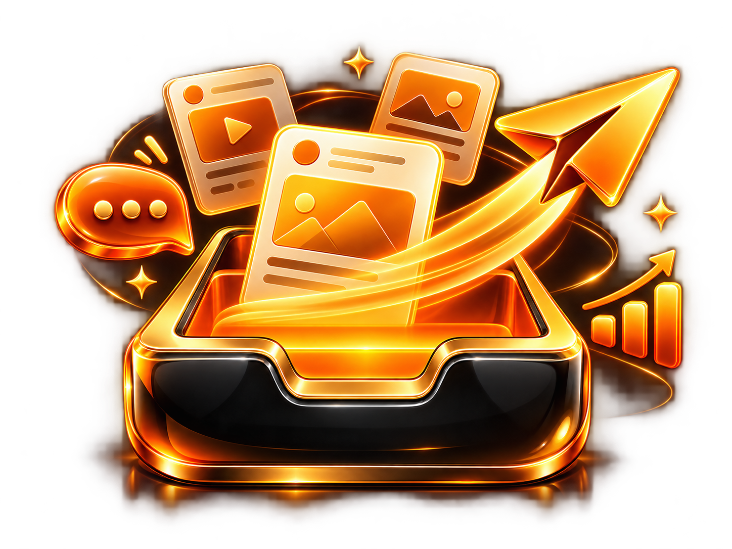 Outbox tray with social content cards and golden send symbol